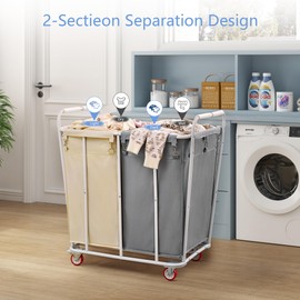 Hoctieon 2 Section Laundry Sorter Cart, Rolling Laundry Hamper with Wheels, Heavy Duty Laundry Basket Organizer, Large Laundry Separator Hamper with Removable Bags, Gray&Beige