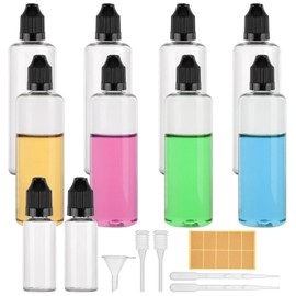 Liquid Bottles 100 ml, 8 x 100 ml Empty Squeeze Bottles with 2 x 20 ml Dropper Bottles, Plastic Bottles for Filling with Child Safety Lid, Includes Transfer Pipette Spring Straw Funnel Label Sticker