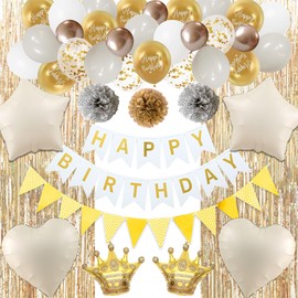 Runyuzi Birthday Decoration Woman Girl Set - White Gold Birthday Decoration Happy Birthday Banner Bunting Garland, Tinsel Curtain Hearts Stars Crown Foil Balloons Confetti Balloons for Birthday Party