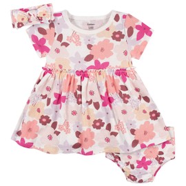 Gerber Baby Girls' 3-Piece Dress, Diaper Cover and Headband Set, Floral