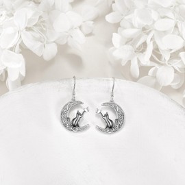 JERWLI Black Cat Earrings 925 Sterling Silver Cute Animal Crescent Moon Cat Dangle Drop Earrings Jewelry Gifts for Cats Lover