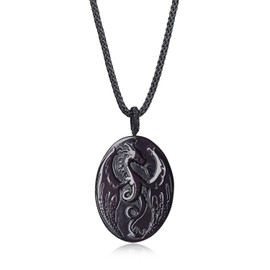 coai Mens Black Obsidian Stone Dragon Amulet Pendant Necklace