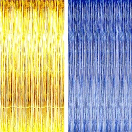 AILEXI 2 x 92 cm x 245 cm party supplies foil fringe shimmer curtains, door window decorations streamer or wall backdrop tinsels - dark blue gold
