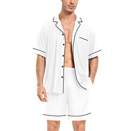 DIKFA Mens Pajamas Set Short Sleeve Button Down Sleepwear with Pockets Soft Modal 2pcs Pjs Casual Loungewear Nightwear White