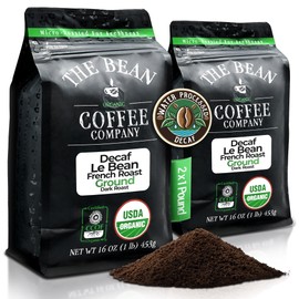 The Bean Organic Coffee Company Water Processed DECAF Le Bean, Dark French Roast, Ground Coffee, 16-Ounce Bags (Pack of 2), Café Molido Tostado Orgánico descafeinado