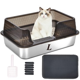 Suhaco Stainless Steel Litter Box with Lid Kitty Black Litter Mat and White Scoop Included Covered Metal High Sided Removable Large Cat Litter Box Enclosure for Medium Cats (Black)