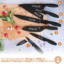 MasterChef Kitchen Knife Set with Covers, 6 Professional Chef Knives for Home Kitchens, Extra Sharp Cutting Stainless Steel Blades & Protective Sheaths, Soft-Touch Easy-Grip Handles, Essential Black