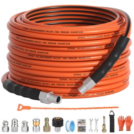 SITIMIMIL Sewer Jetter Kit for Pressure Washer 50FT,5800psi Drain Cleaner Hose 1/4 Inch Npt Corner, with 5 Sewer Jetting Nozzles Sealing Tape Pearl Corsage Pin Spanner Glove Drain Snake
