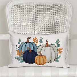 Fall Pillow Cover 12x20 inch Navy Blue Green Pumpkins Eucalyptus Leaves Throw Pillow Autumn Decor Thanksgiving Outdoor Seasonal Decorative Pillowcase Recotangle Farmhouse Decor for Sofa Bed Couch