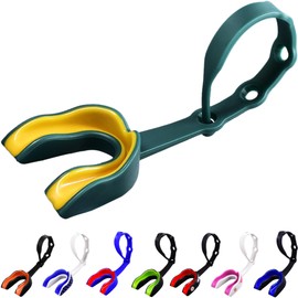 Oral Mart - Protector bucal juvenil con correa para niños (verde/amarillo) - Protector bucal deportivo con correa para fútbol, hockey sobre hielo, lacrosse, taekwondo, bandera de fútbol