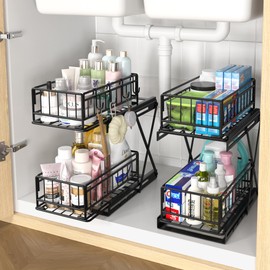 Under Bathroom Sink Organizer, 2-Tier Under The Sink Organizer and Storage Adjustable Pull Out Organization Basket, Sliding Drawer Shelf with Hooks for Kitchen Bathroom Cabinet, 2 Pack