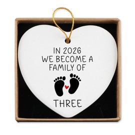 New Mom Dad Gifts Ceramic Ornament Keepsake Sign Heart Plaque in 2026 We Become a Family of Three Pregnancy Announcement Gifts for New Parents Baby Reveal Ideas Christmas Ornament