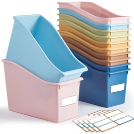 Geetery 12 Pcs Book Bin with 24 Pcs Labels Stackable Plastic Organizing Bins 11.5 x 5.4 x 7.5 in Book Holders for Classroom Box Baskets for Classroom Library Home(Retro Colors)