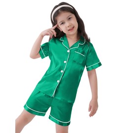 SWOMOG Satin Pyjamas for Girls Boys Baby Button-Down Pjs Sets Two-Piece Lounge Sets Soft Silk Sleepwear Emerald Green