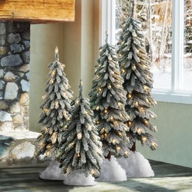 Haute Decor Lightly Flocked Alpine Tree with Wood Pole and Warm White Battery-Operated LED Lights with Timer (4-Foot)