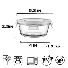B.GUBOBOYA Small Round Glass Food Containers with lids, 12oz Round Food Storage Containers with Lid, 1.5 Cup Small Glass Food Containers with Lid BPA-Free, Microwave, Dishwasher, Freezer Safe (4 Pack)