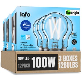 LafoHome EcoBright 12PK Dimmable A19 LED Filament Bulb, 10W (100W Equivalent), E26 Base, 1100 Lumens, CRI90+, Flicker-Free Clear Glass, Energy Star Title 20, Daylight 5000K
