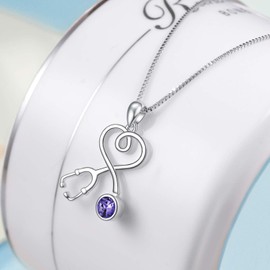 AOBOCO Sterling Silver Stethoscope Necklace Doctor Nurse Gifts, Simulated Amethyst Birthstone Crystal from Austria, RN Gifts for Nurse Female, Medical Jewelry Graduation Gifts for Women(Purple)