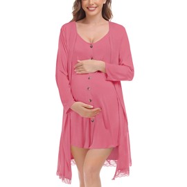 SWOMOG Women Maternity Nursing Robe Labor Delivery Dress 3 in 1 Hospital Breastfeeding Pajamas Postpartum Gown Pregnancy Nightgown (Coral, XX-Large)