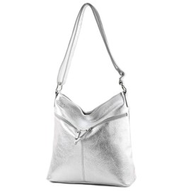 modamoda de T196 Women's Leather Shoulder Bag Handmade in Italy, silver-metallic