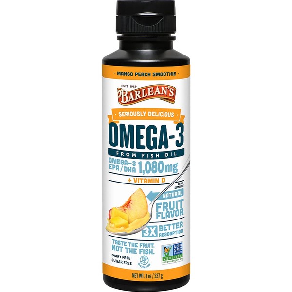 Barlean's Mango Peach Omega 3 Fish Oil Supplements - 1080mg of EPA/DHA, 600 IU Vitamin D3 for Brain, Heart, Joint, & Immune Health - Non GMO, Gluten Free, All-Natural Fruit Smoothie - 8-Ounce