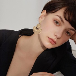 YUNXI Bohemian Ethnic Small Bells Bali Jhumka Jhumki Engraved Lotus Mexico Gypsy Tassel Dangle Earrings Traditional Ear Studs (Gold)