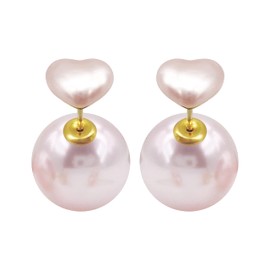Hiqmic 925 Sterling Silver Post Double-sided Earrings Heart Round shaped Pearl Ear Stud for Women Fashion White Gold Plated Jewelry Gifts, WK90212-G Light Pink