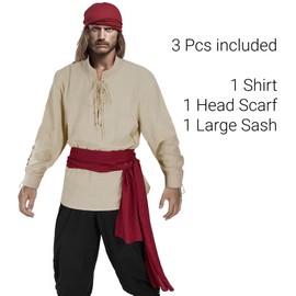 HSDOU Mens Pirate 3 Pcs Costume Set Renaissance Pirate Shirt Medieval Costume Viking (Z3760YE, M)