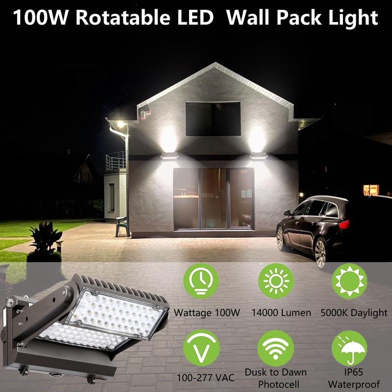 Dusk to Dawn100W Rotatable LED Wall Pack Light, 5000K 14000LM