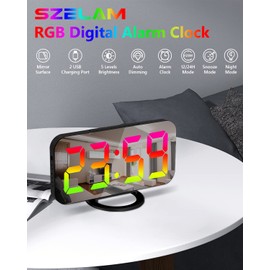 SZELAM LED RGB Digital Alarm Clock,with 11 Color Modes Display,Mirror Surface,Dual USB Charger Ports,Modern Desk Clocks for Bedroom Home Office Decor- Black