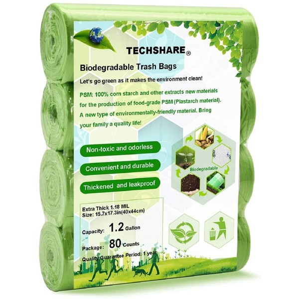 Organic Waste Bags 5 L, Compostable Bin Liners, 80 Counts, Thick Degradable Bin Bag for Household/Garden Waste in Kitchen/Office (Green)
