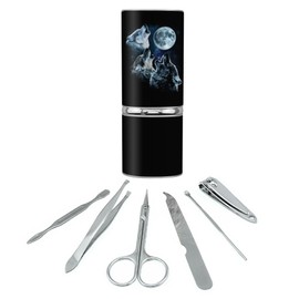 GRAPHICS & MORE Howling at the Moon Wolf Pack Stainless Steel Manicure Pedicure Grooming Beauty Care Travel Kit