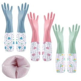 SHAIDOJIO 3 Pairs Washing up Gloves, Rubber Cleaning Gloves with Lining-46cm, Long Dishwashing Gloves, Waterproof Household Gloves Kitchen Gloves for Kitchen Bathroom Laundry Gardening-3 Colors