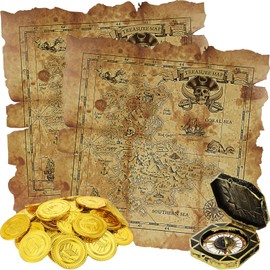 64 Pieces Pirate Theme Toy, Includes 60 Pieces Pirate Gold Coins Fake Coins, 2 Pieces Treasure Map and 2 Pieces Pirate Compass for Treasure Hunting Playset Toy Birthday