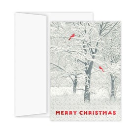 Masterpiece Snowy Trees And Cardinals Christmas Cards / 15 Winter Holiday Cards Set With Glitter And Red Foil With White Envelopes / 5 5/8" x 7 7/8" Sparkling Snow Greeting Cards With Inside Verse