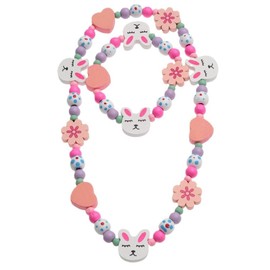 Children's Girls Kids Wooden Bead Stretch Necklace & Bracelet Set, Bunny, Cat, Owl, Flower Designs (Bunny Rabbits)