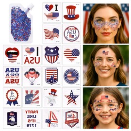 Fourth of July Glitter & Temporary Tattoos Set–Red White Blue Body Glitter Gel + 20 Patriotic Tattoo Sheets–Waterproof, Skin-Friendly Face & Body Stickers for 4th of July Independence Day, Parades