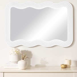CULER Wavy Mirror for Bathroom,White Wood Irregular Mirror for Wall,Rectangle Wave 24 x 36 inch Hanging Vanity Tempered Mirrors with Wooden Frame for Living Room,Bedroom,Entryway