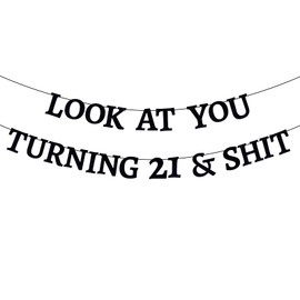 BOXOB Look at You Turning 21 Banner, Pre-Strung Black Glitter Happy 21st Birthday Banners Funny 21 Years Old Party Decoration for Women Men