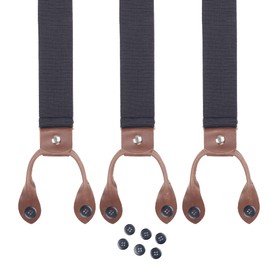 Action Ward Men's Button End Tuxedo Suspenders - Real Leather - Y Back Style - Adjustable (Navy)