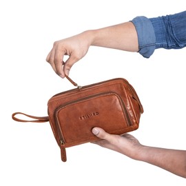 STILORD 'Henry' wrist bag men's leather large toiletry bag XXL pencil case travel organizer pencil case cosmetic bag men's handbag, Colour:maraska - brown