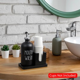 Glass Mouthwash Dispenser for Bathroom, 16 OZ Mouthwash Dispenser with Pour Spout and Wood Cup Holder and Tray, Mouth Wash Bottle Container, Black Kitchen Bathroom Decor and Accessories