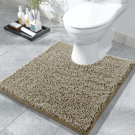Yimobra Toilet Rugs U-Shaped 24x24, Extra Soft and Absorbent Microfiber Bathroom Rugs, Non-Slip Plush Shaggy Toilet Bath Mat, Machine Wash Dry, Contour Bath Rugs for Toilet Base, Pale Khaki