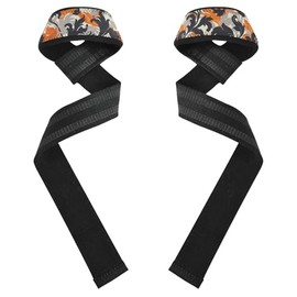 Correas de muñeca de elevación personalizadas con patrón de hojas, color naranja y negro, de 26 pulgadas, antideslizantes, personalizables, para levantamiento de pesas, culturismo, levantamiento de