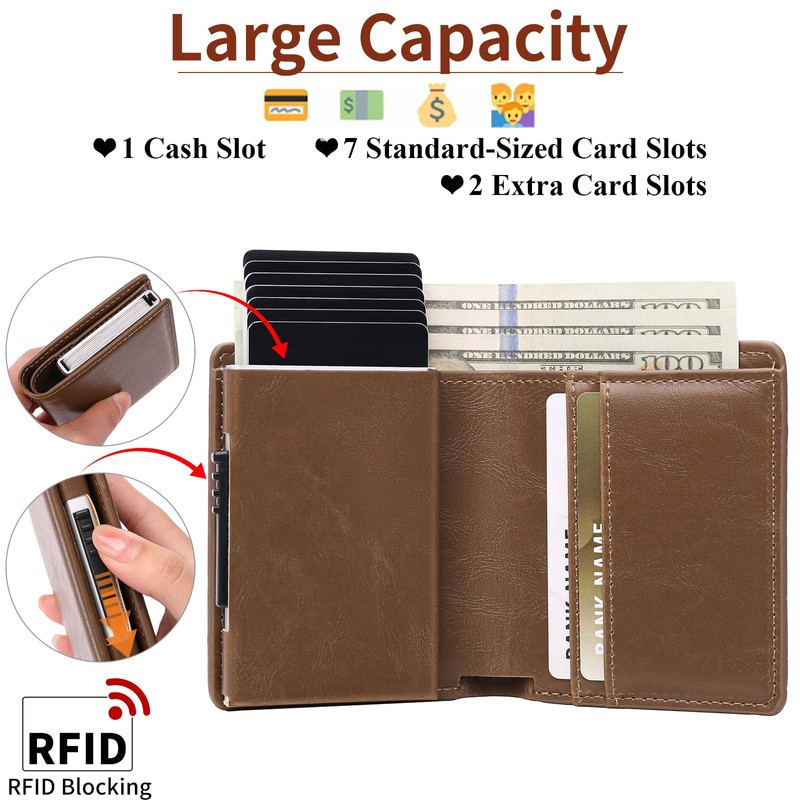 GOIACII Minimalist RFID Blocking Pop Up Card Wallet, Brown, Unisex,