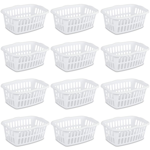 Sterilite 1.5 Bushel Rectangular Laundry Basket, Plastic, Classic Design for Carrying Clothes to and from the Laundry Room, White, 12-Pack