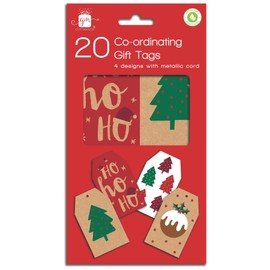 Gift Tags Christmas Kraft Brown & Red Xmas Pudding Trees Eco Friendly Pack 20 Co-Ordinating Foiled