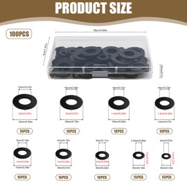 Pack of 100 Rubber Washers, Rubber Grommet Black, Flat Rubber Seals, Wear-Resistant Waterproof Screw Rubber Flat Seal, M2 M2.5 M3 M4 M5 M6 M8 M10 M12
