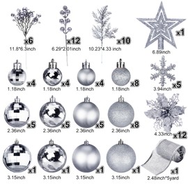 Sratte 94 Pcs Christmas Tree Decorations Set, Christmas Tree Ball Ornaments Christmas Glitter Poinsettia Flowers Decorations Glitter Berries Stems for Xmas Holiday Wedding(Silver)