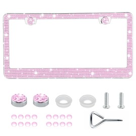 GaRhomxy Bling License Plate Frames for Women, 1 Pack Handcrafted Sparkly Rhinestone Car Accessories, Premium Stainless Steel Frame with 1000+ Faceted Glass Crystals & Free Glitter Caps (Pink)